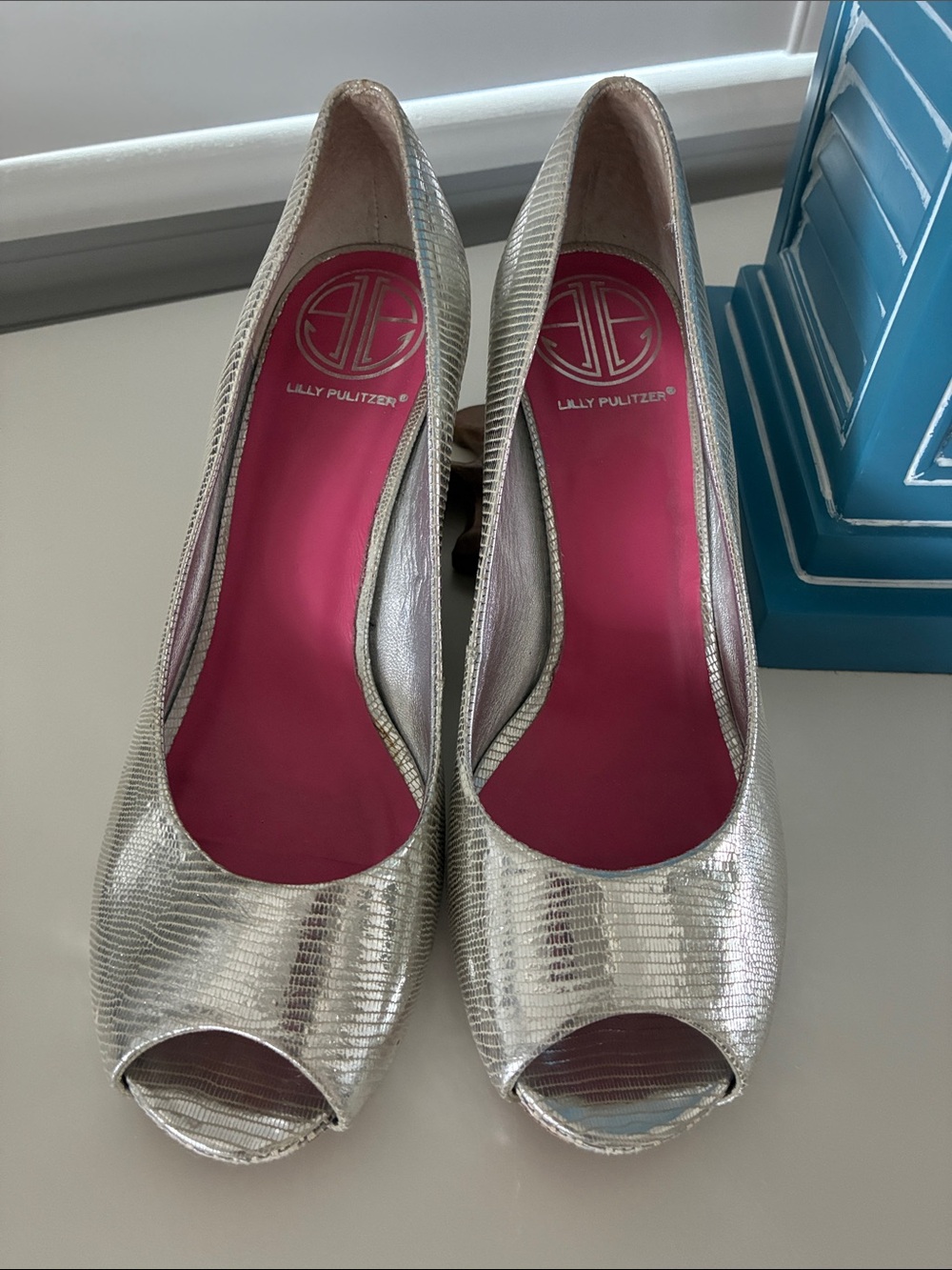 Lilly Pulitzer Metallic Silver Peep-Toe Heels with Pink Insole